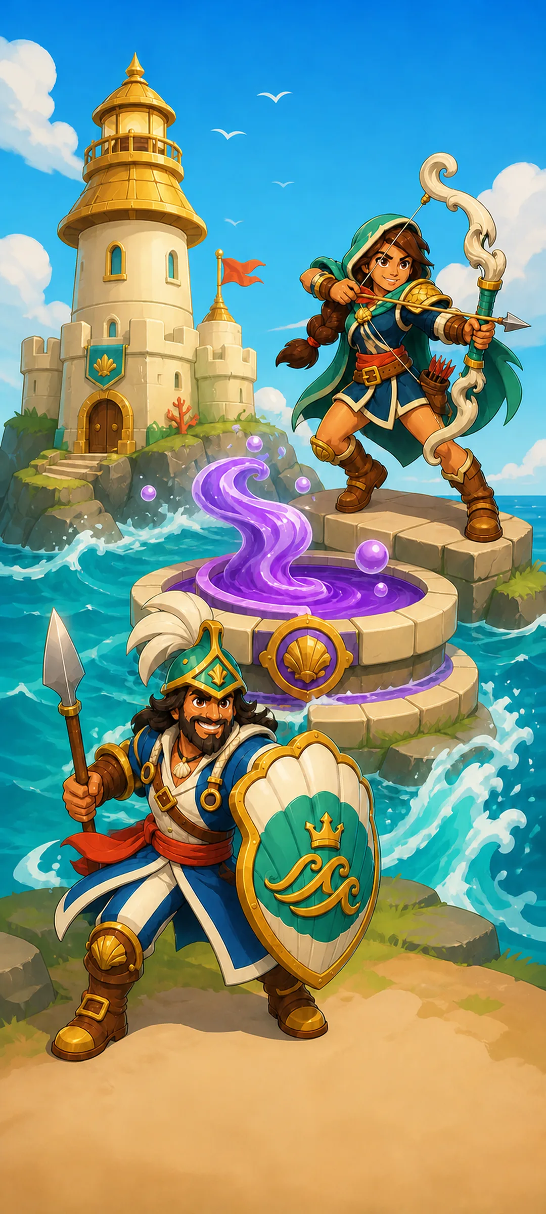 Tower Tide captains beside a Mana Well and island Keep